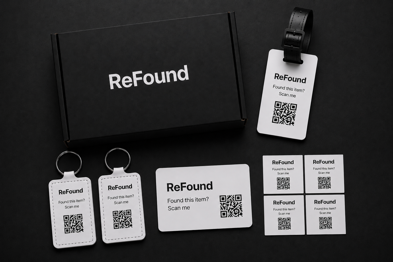 ReFound kit with keyrings, card, stickers and bag tag