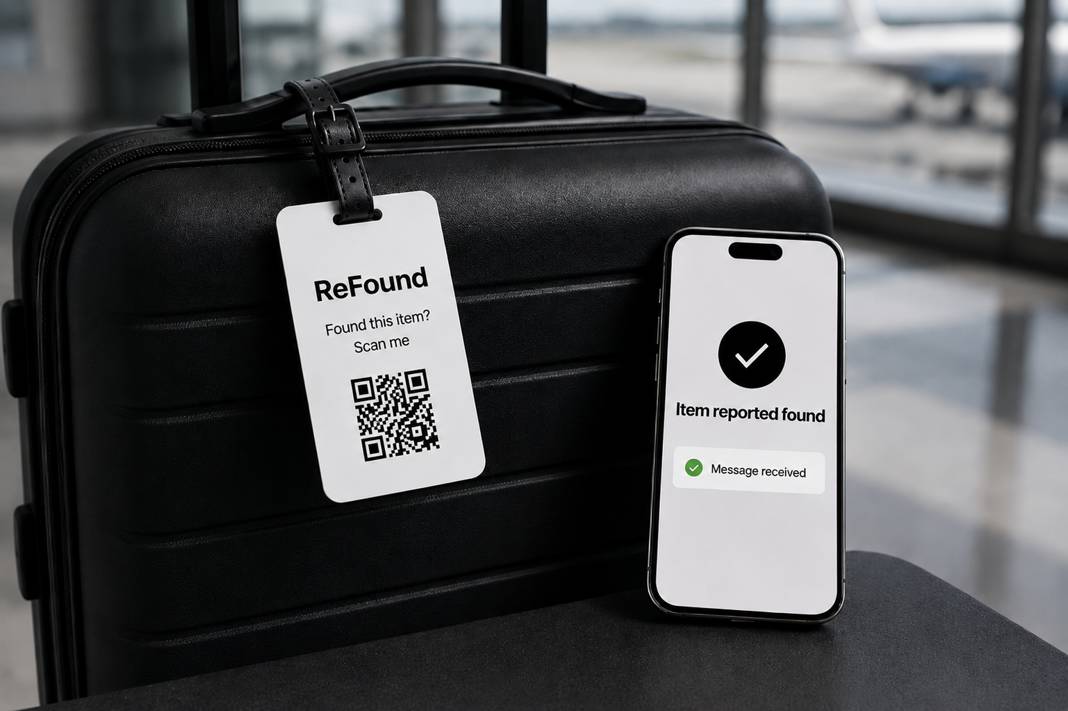 ReFound bag tag on luggage with phone showing item reported found